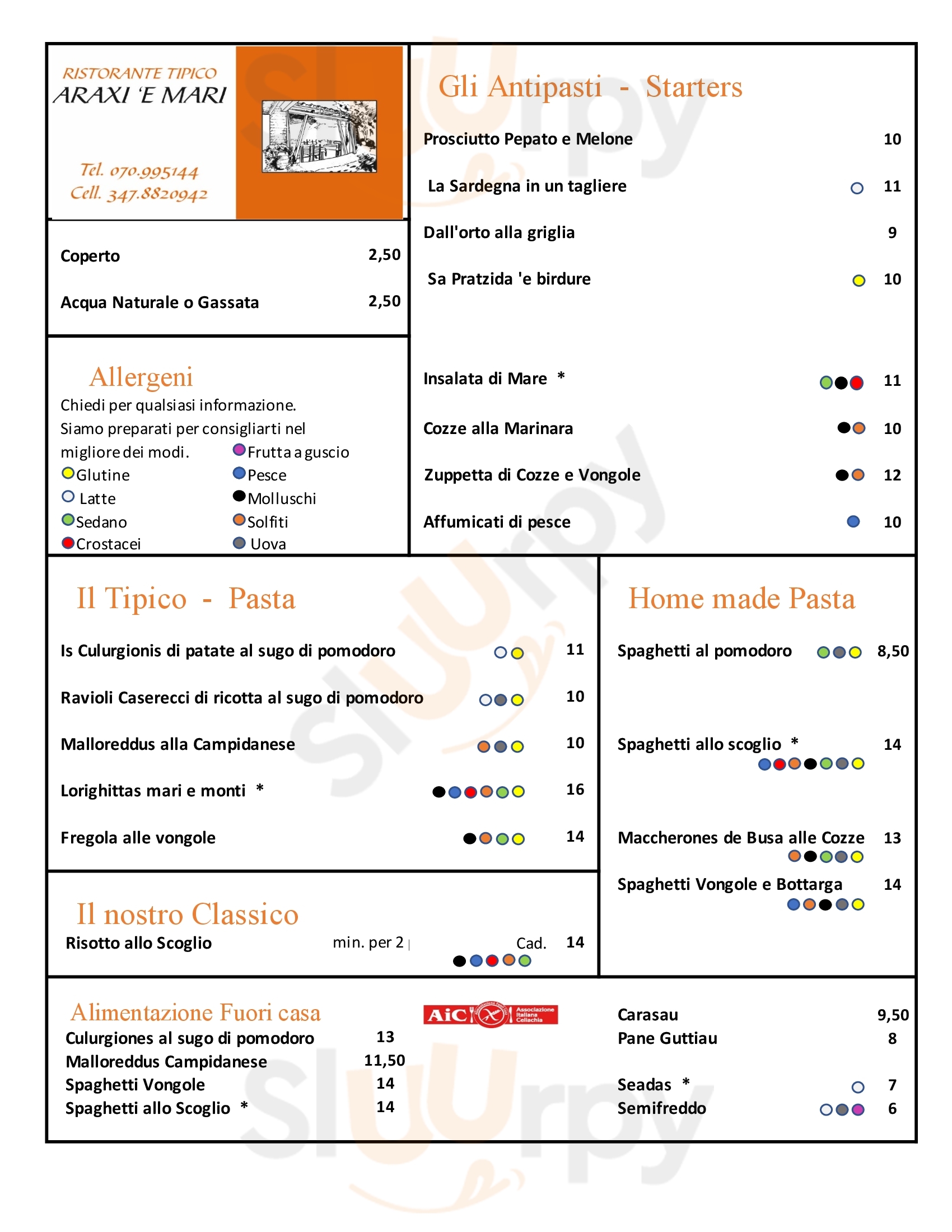 Ristorante Araxi 'e mari Castiadas menù 1 pagina