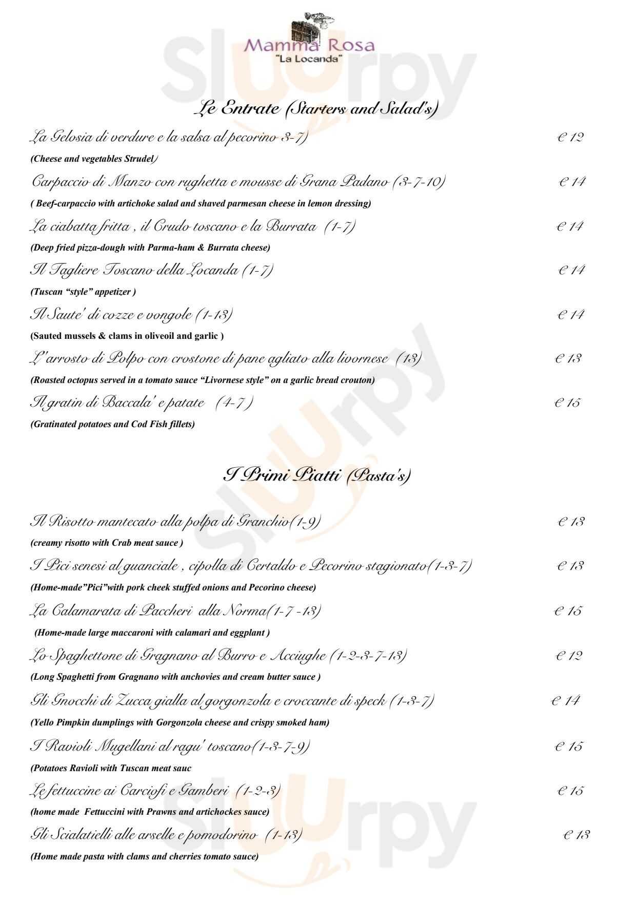 Ristorante Mamma Rosa Firenze menù 1 pagina