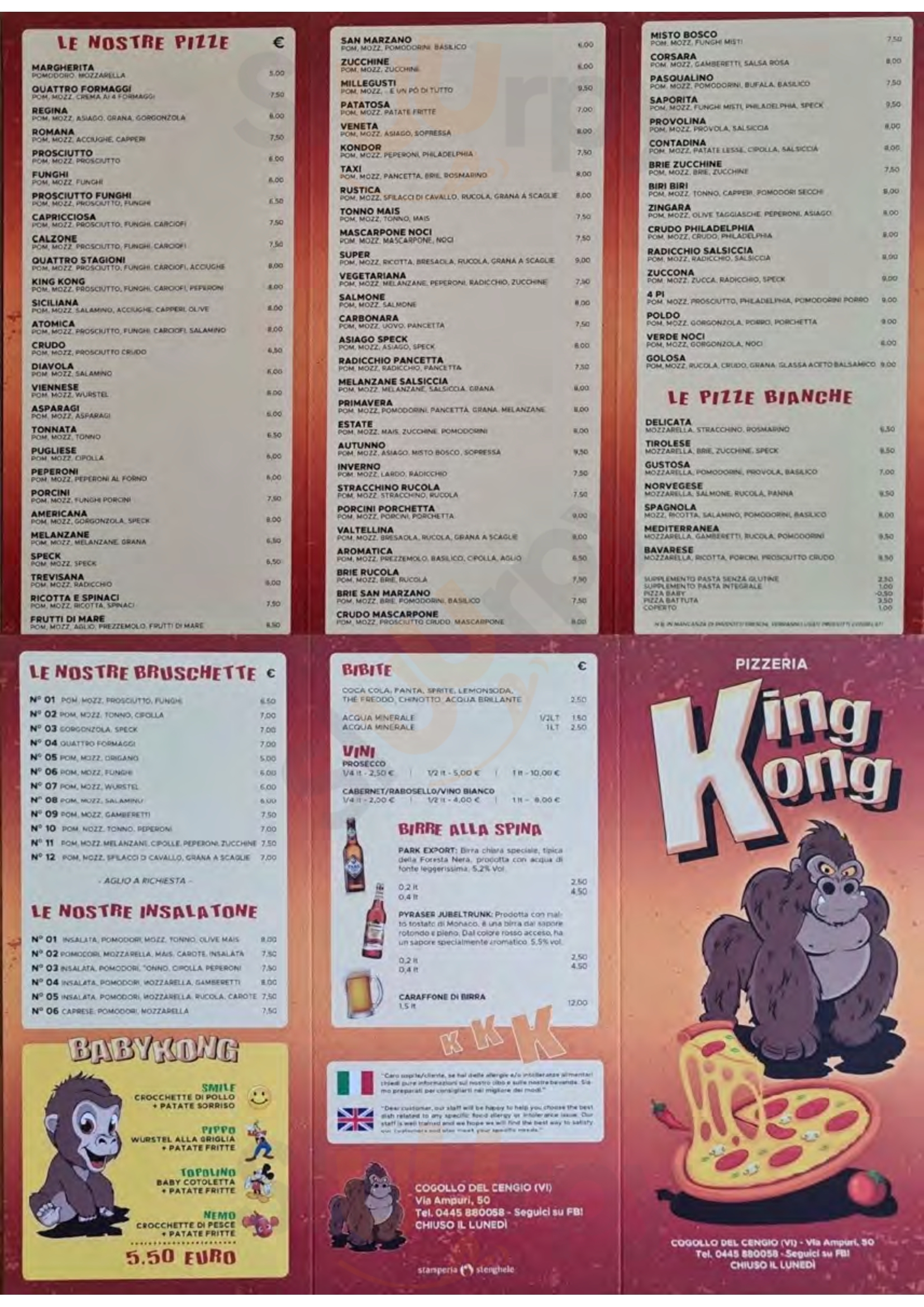Pizzeria King Kong Cogollo del Cengio menù 1 pagina