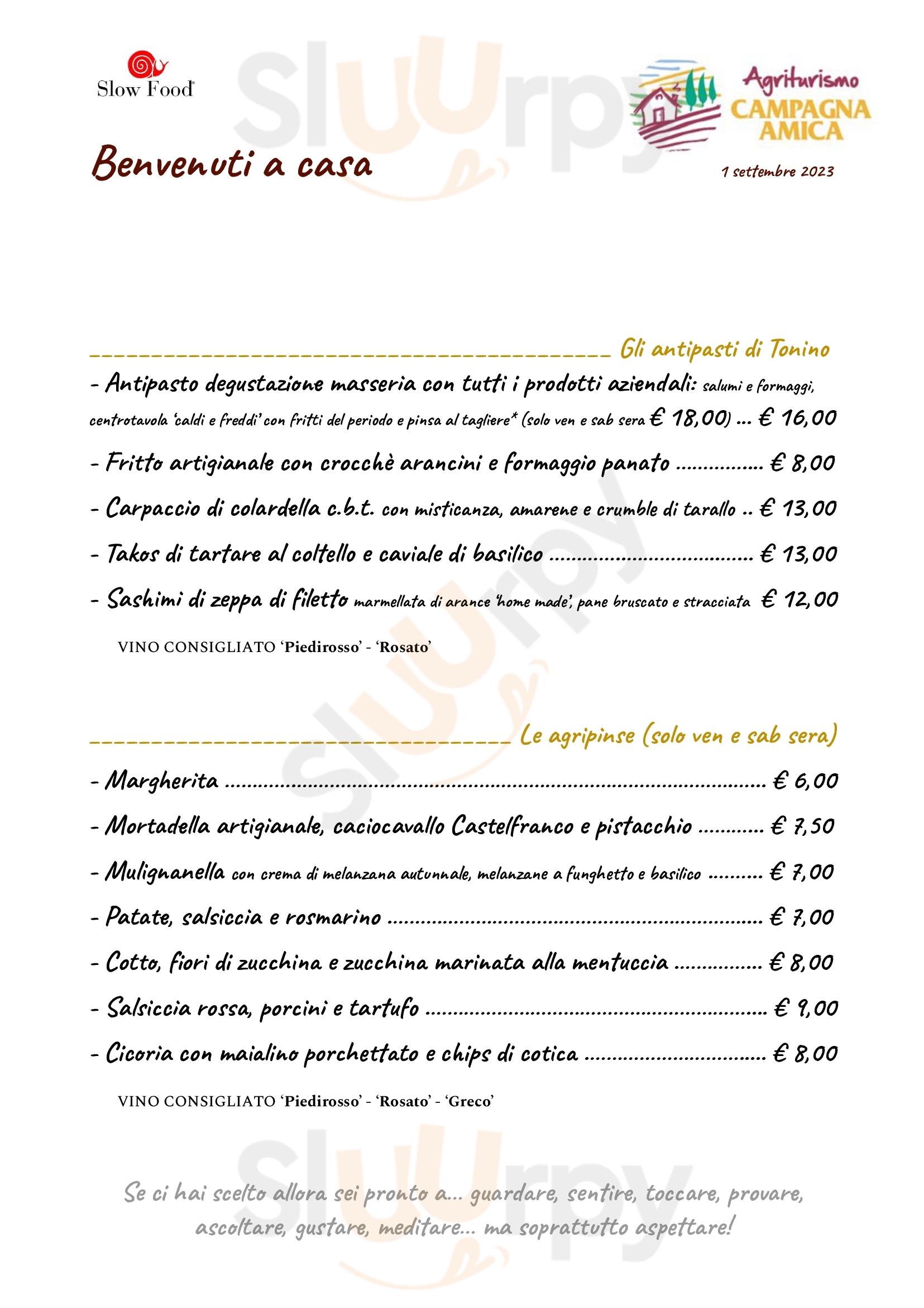 Masseria Frangiosa agriturismo Torrecuso menù 1 pagina