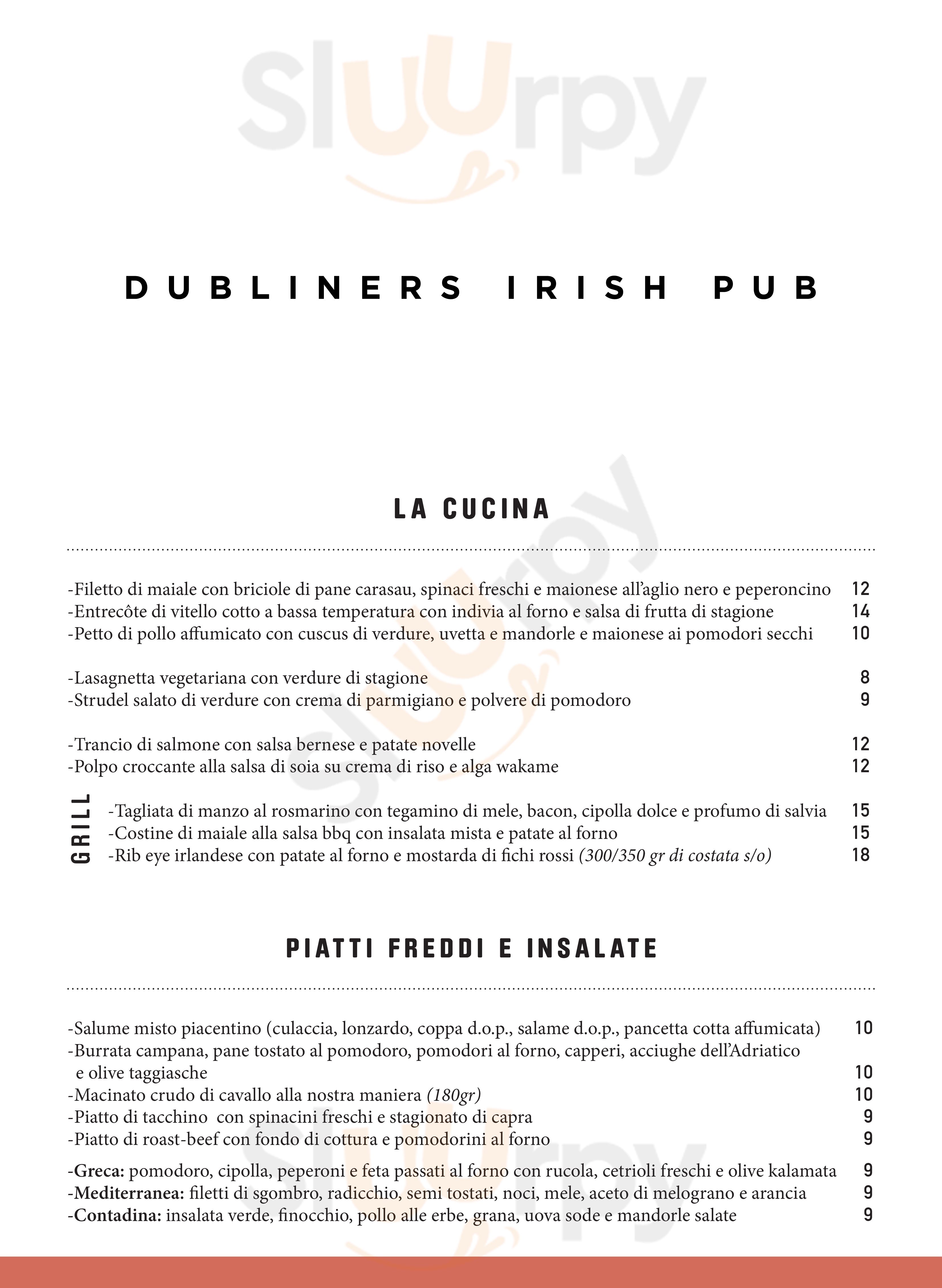 Dubliner's Irish Pub Piacenza menù 1 pagina