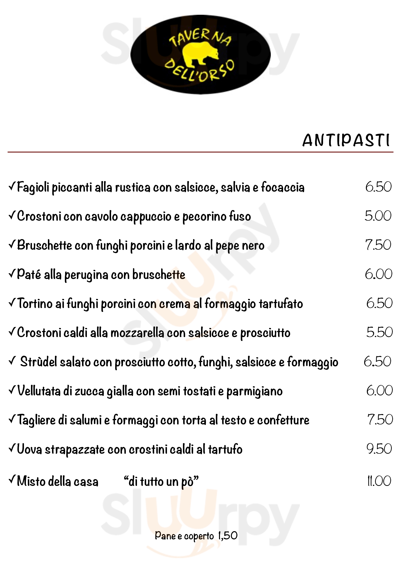 Taverna dell'Orso Perugia menù 1 pagina