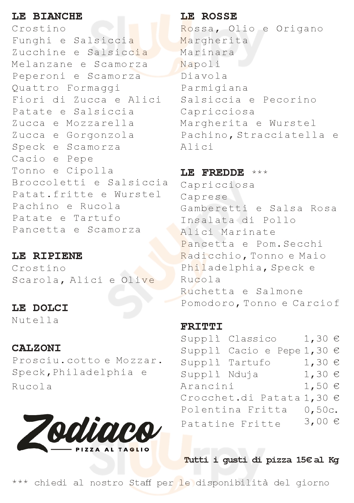 Zodiaco Pizzeria Latina menù 1 pagina