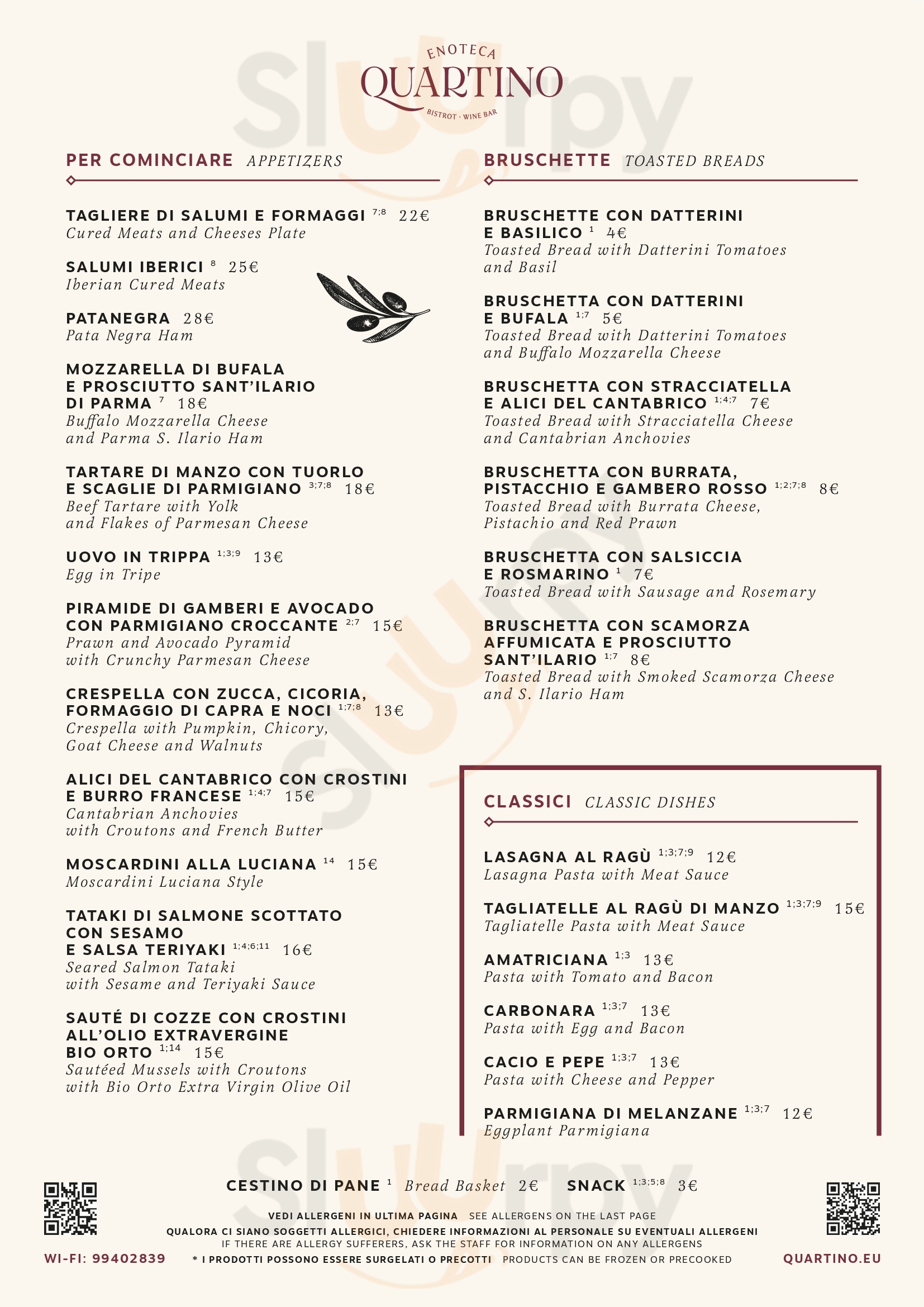 Quartino Enoteca Bistrot Wine Bar Roma menù 1 pagina