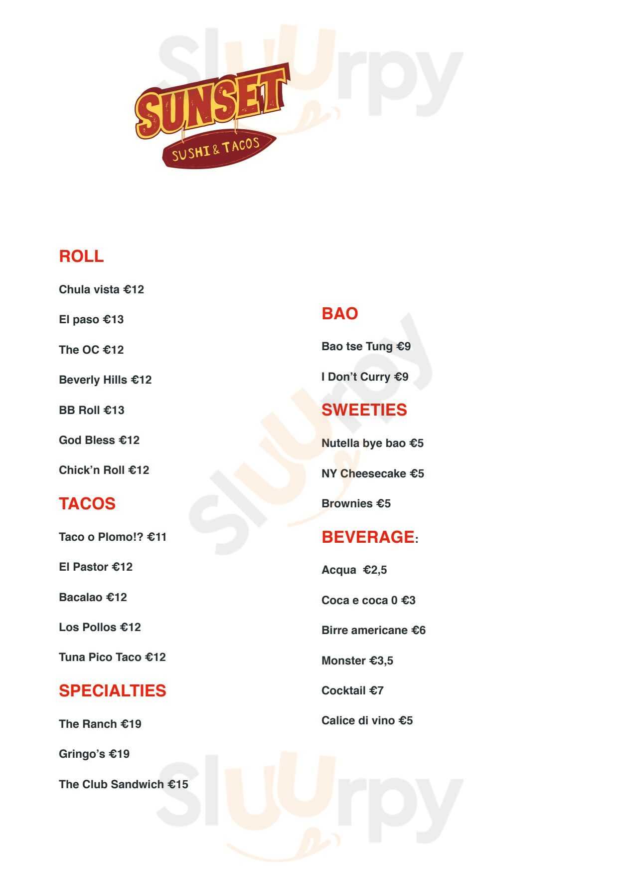 Sunset - Sushi & Tacos Napoli menù 1 pagina