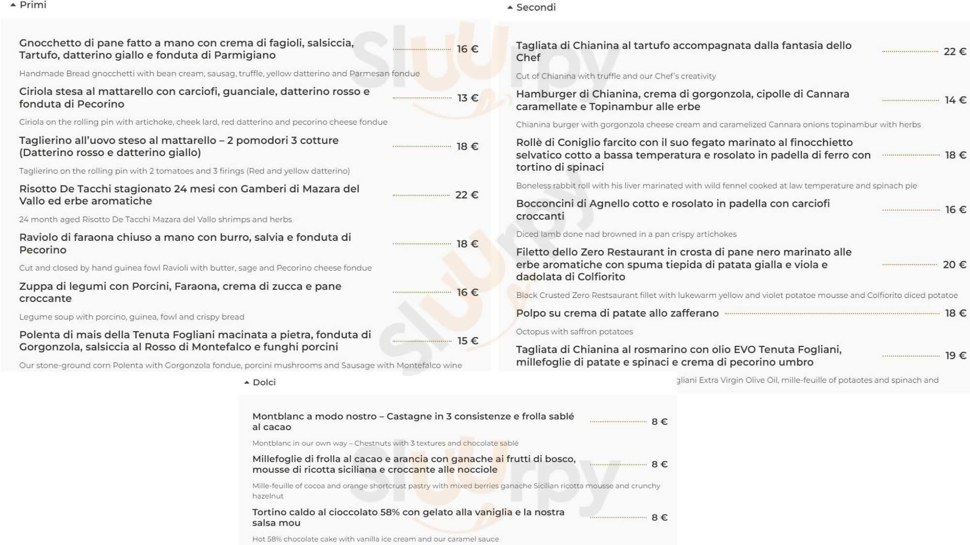 Ristorante Zero Narni menù 1 pagina