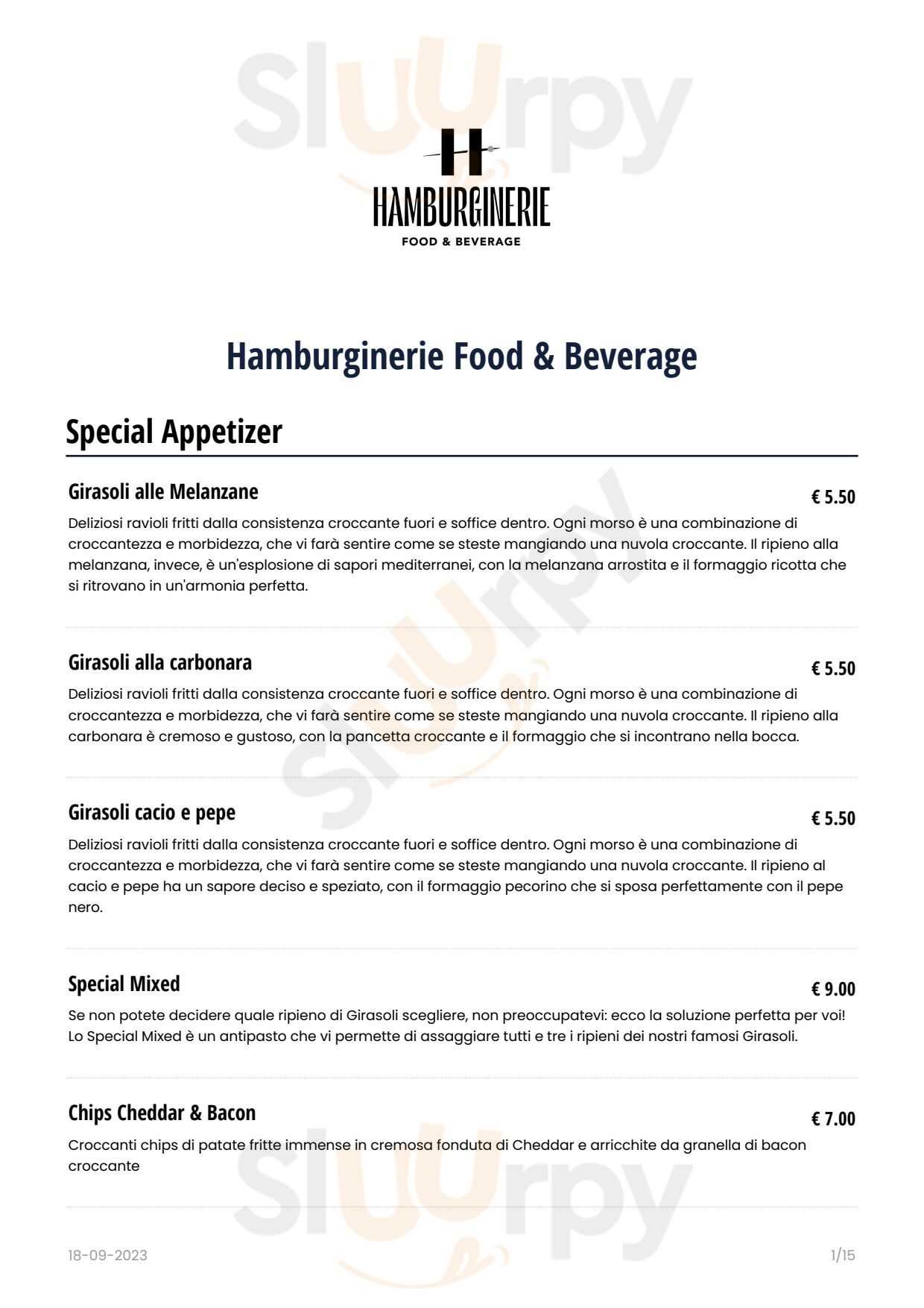 Hamburginerie Food & Beverage Lecce menù 1 pagina