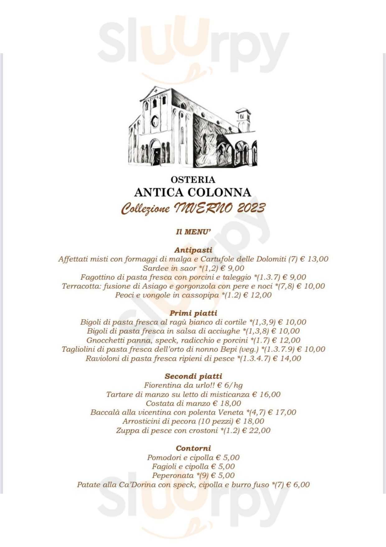 Osteria All'antica Colonna Padova menù 1 pagina