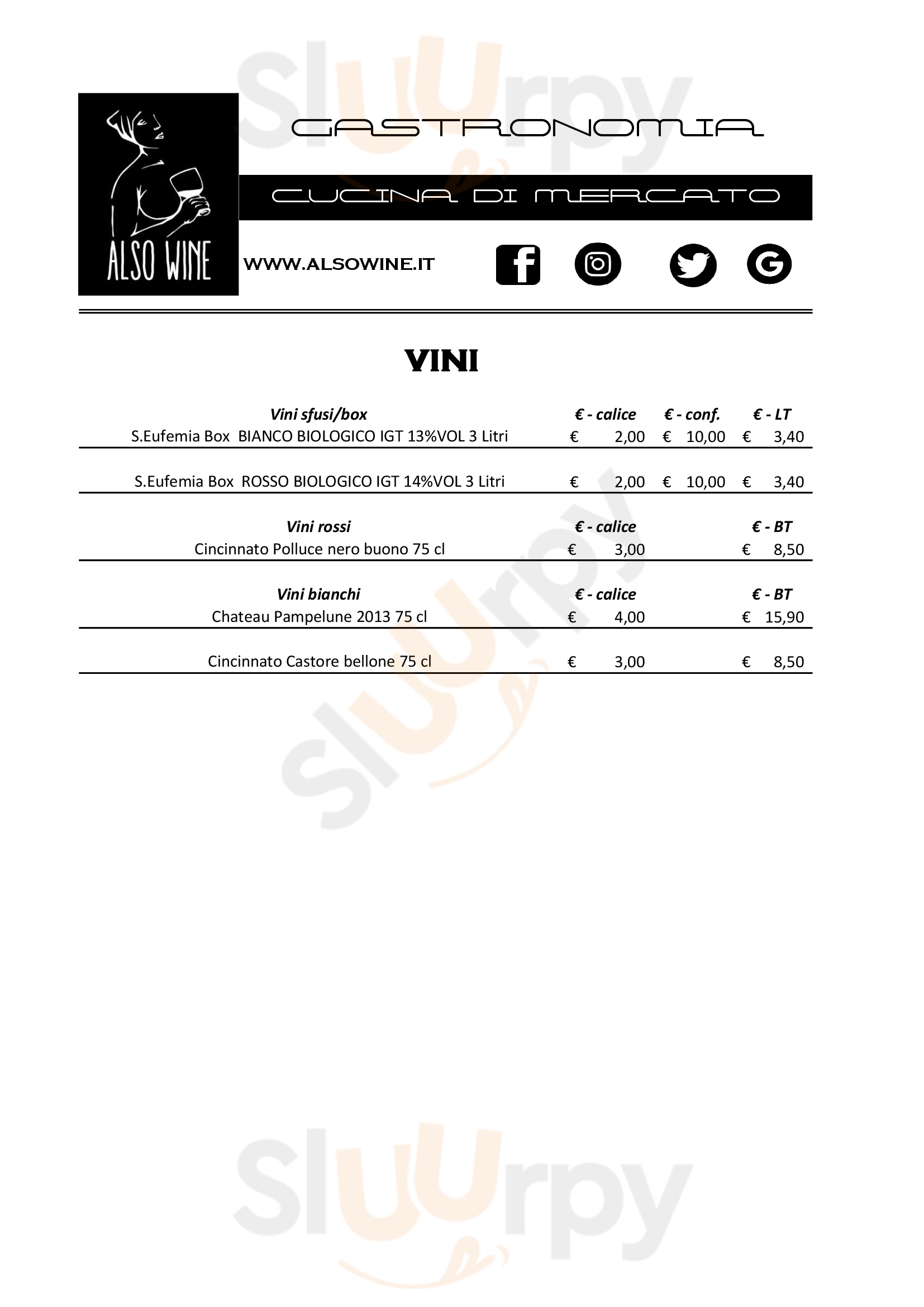 Also Wine - Cucina di Mercato Roma menù 1 pagina