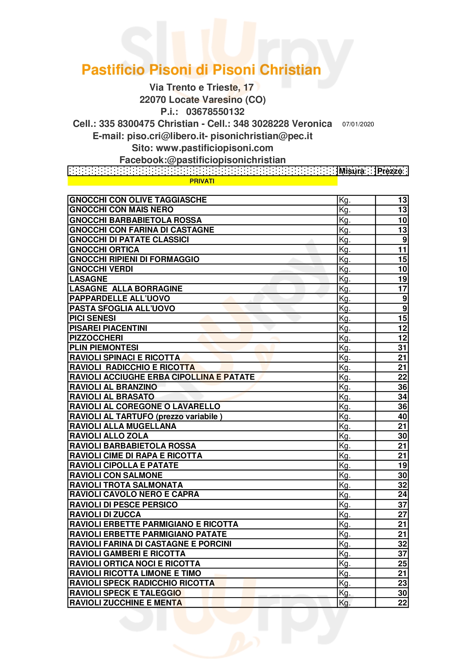 Pastificio Pisoni di Pisoni Christian Locate Varesino menù 1 pagina